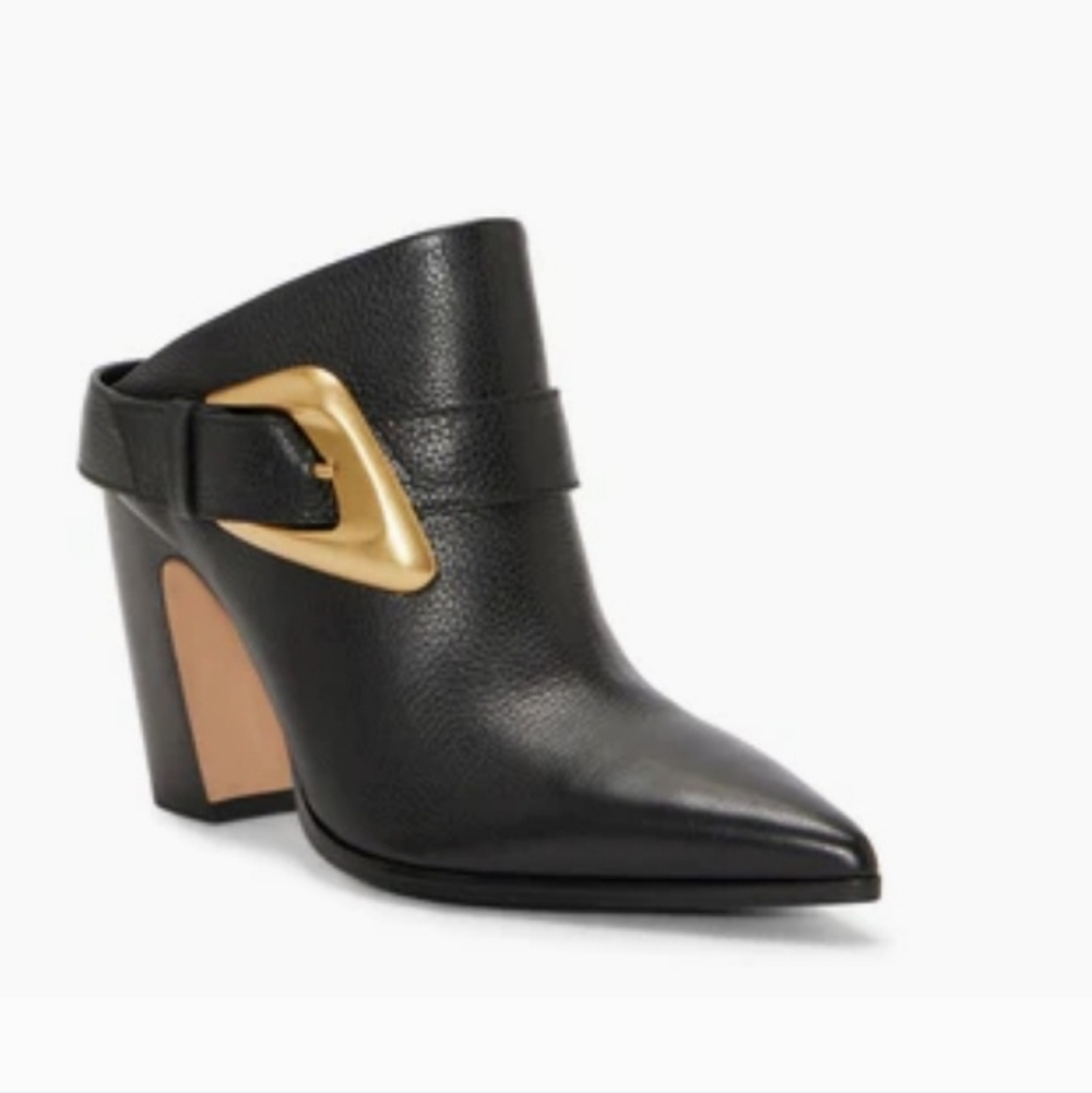 Vince Camuto Bailey Leather Mules In Black with Gold Buckle Size 7